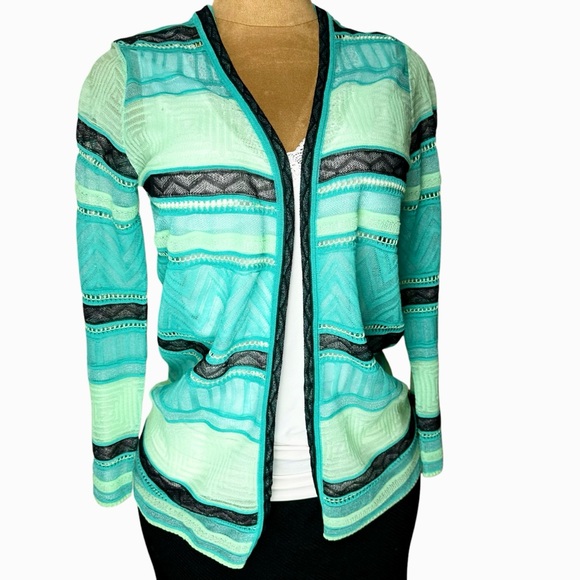 MISSONI Sheer Open Cardigan Sz 44 S/M Green Black Zig Zag Chevron Subtle Shimmer - Picture 1 of 16